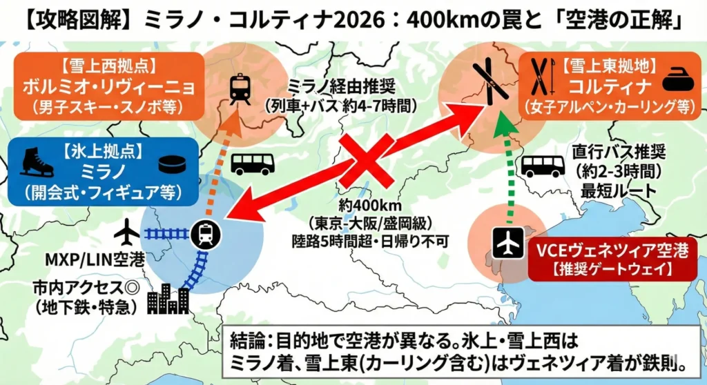 ミラノ・コルティナ現地入りにどの空港を使うべきか（Web記事をもとにAIで作成）