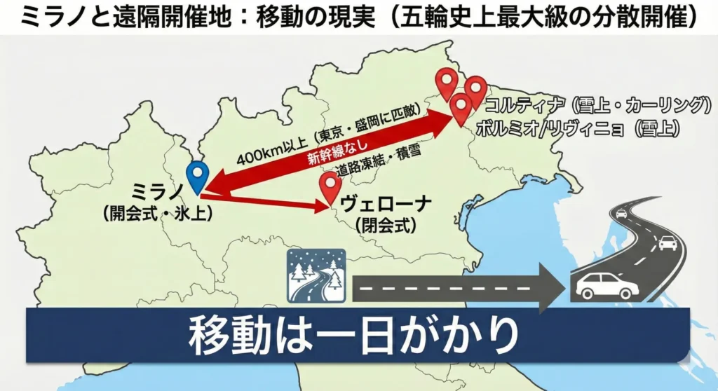 ミラノとコルティナの間は長距離移動になる（Web記事を材料にAIで作成）