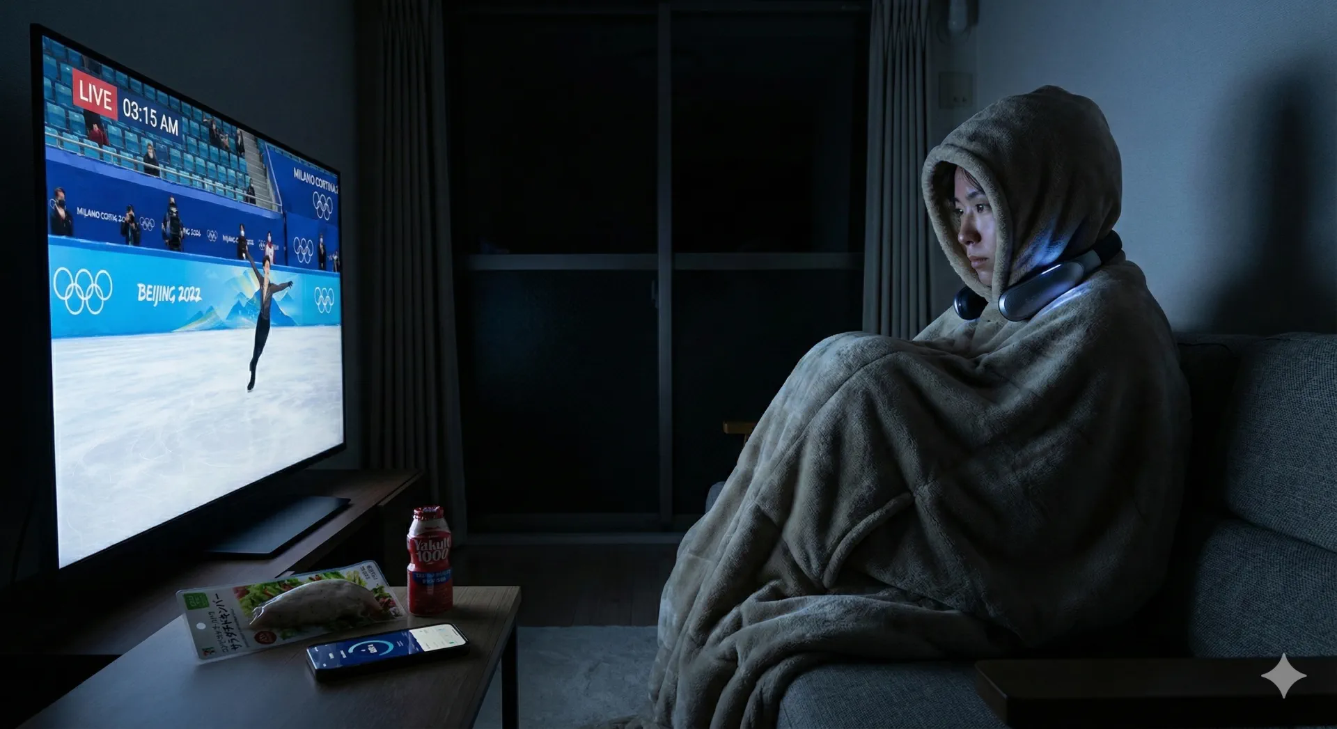 深夜、毛布にくるまってネックスピーカーをまとい、テレビでオリンピックを観戦している人