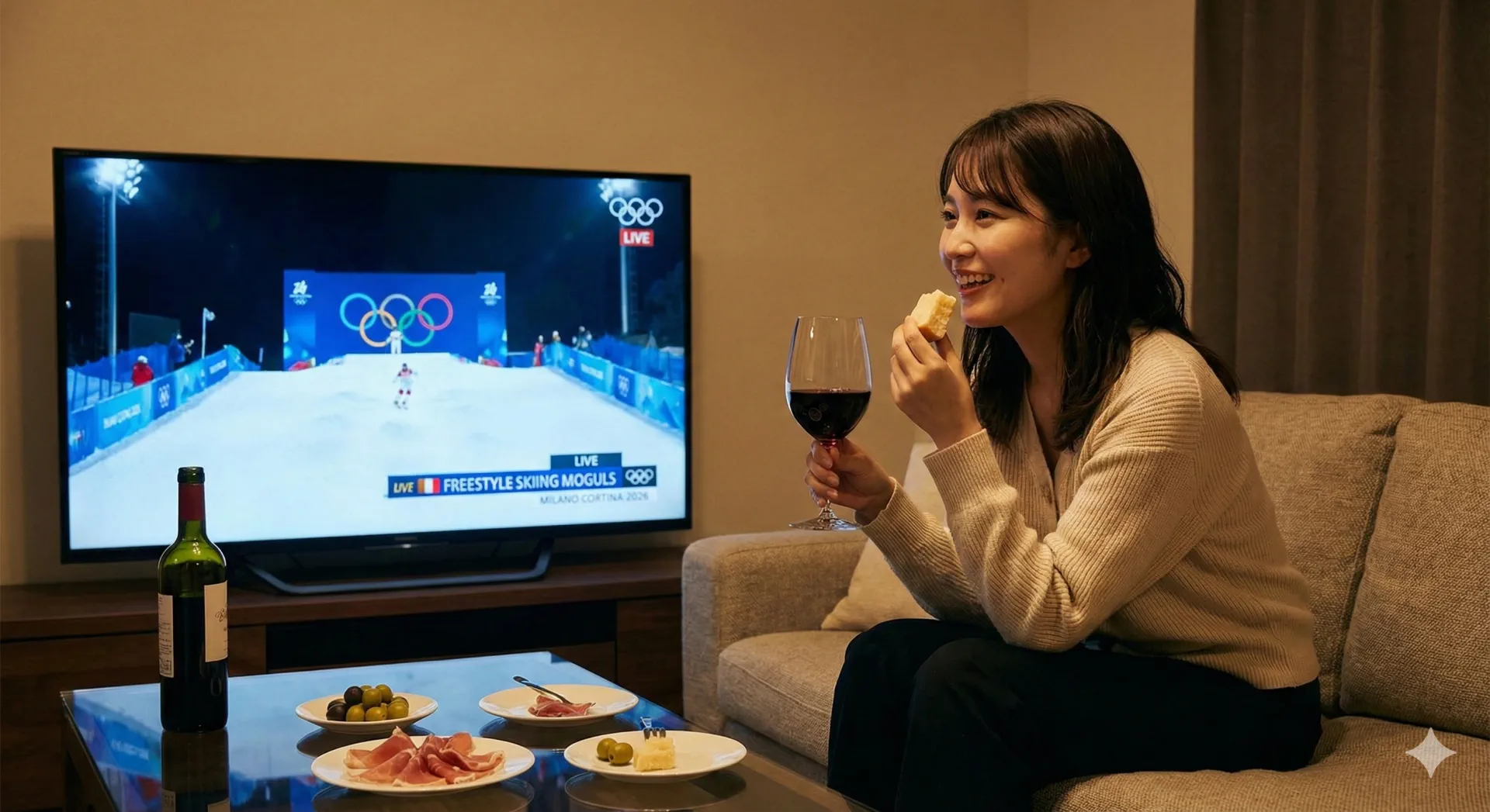 ワインとチーズでオリンピックを観戦している女性