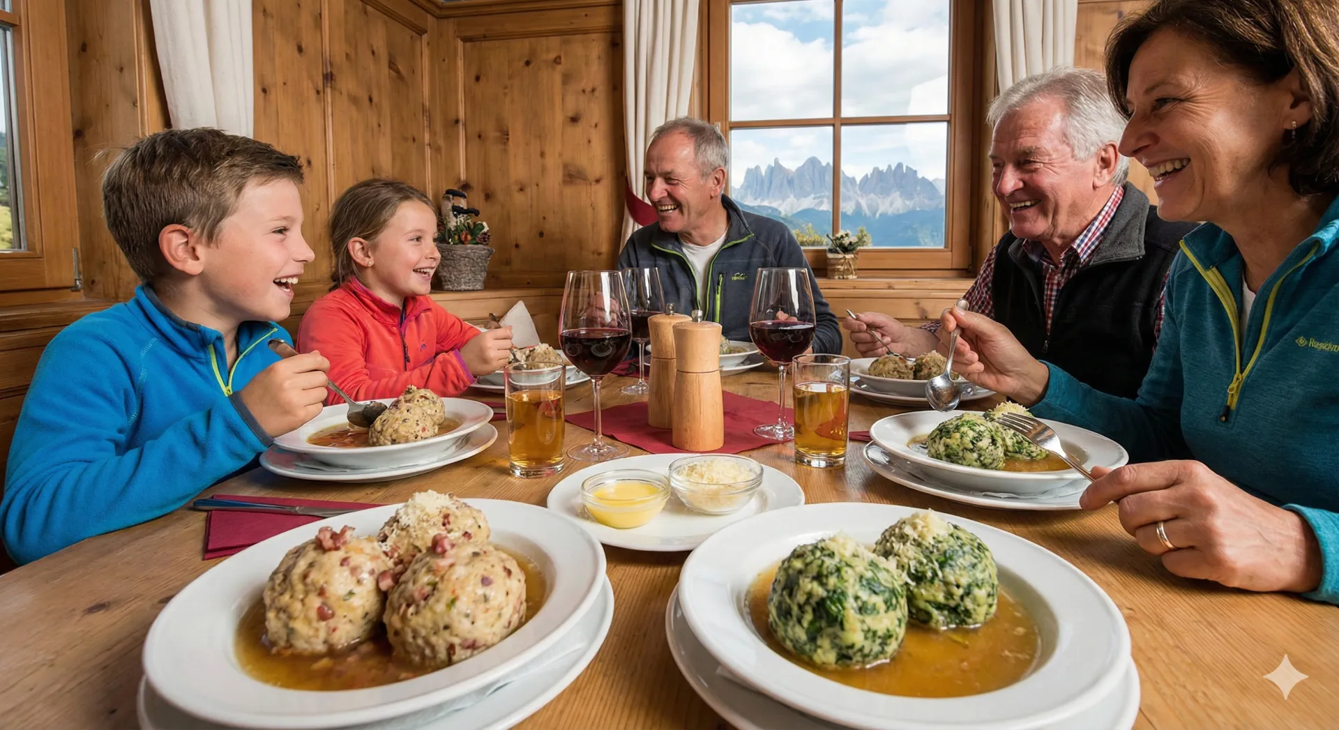 Family enjoying South Tyrolean cuisine featuring Knödel dumplings and Speck
