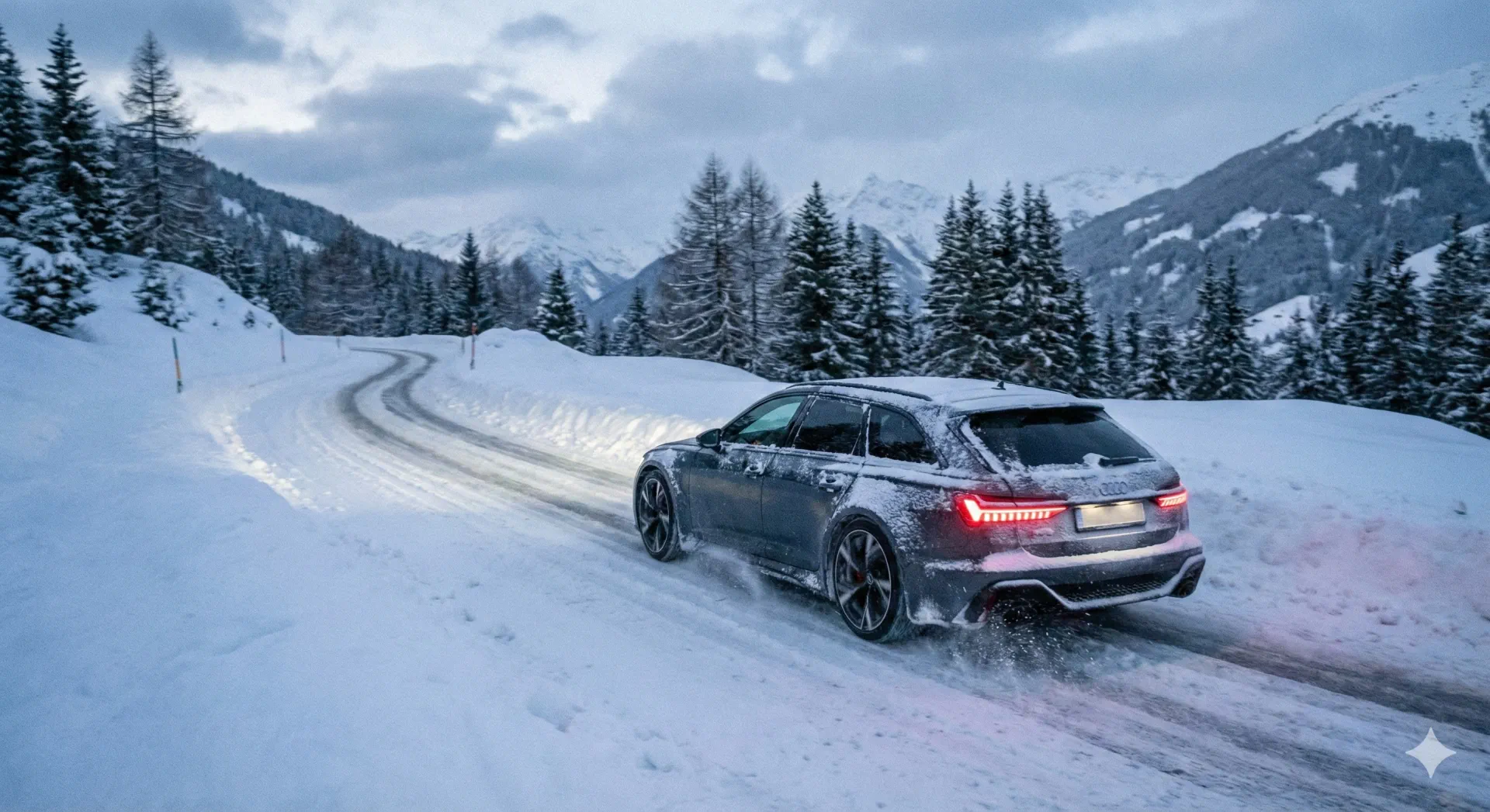 Luxury car driving on snowy roads